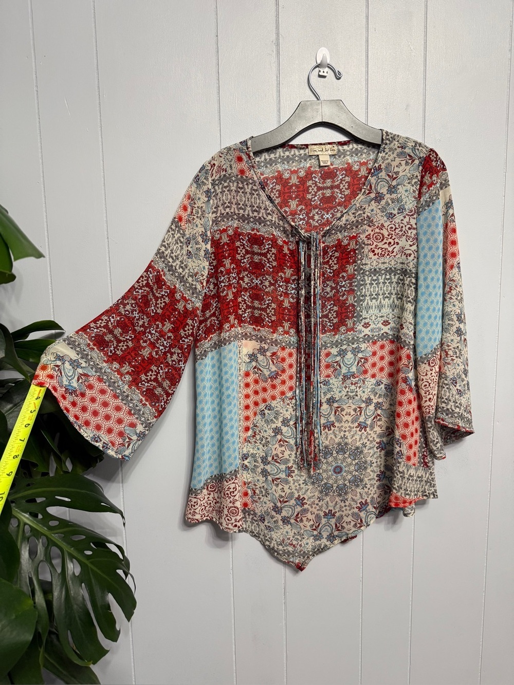 #5)  live and let live Patchwork V-Neck Tunic in Red, Blue, Cream and Tan